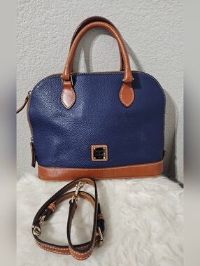 Dooney & Bourke Navy Leather Satchel with Brown Trim
